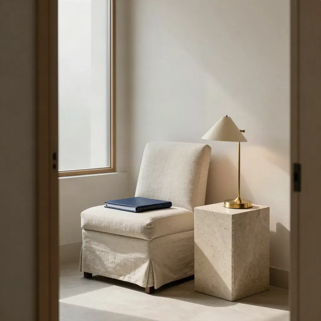 Quiet legal consultation alcove with chair, brass lamp, closed folder and stone side table.