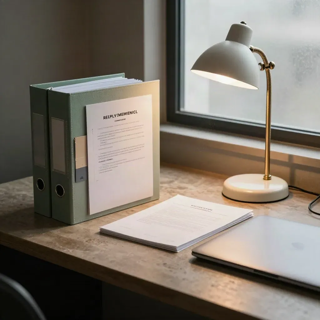 Top-down employment file, sealed memo, closed laptop and lamp on a stone worktop.
