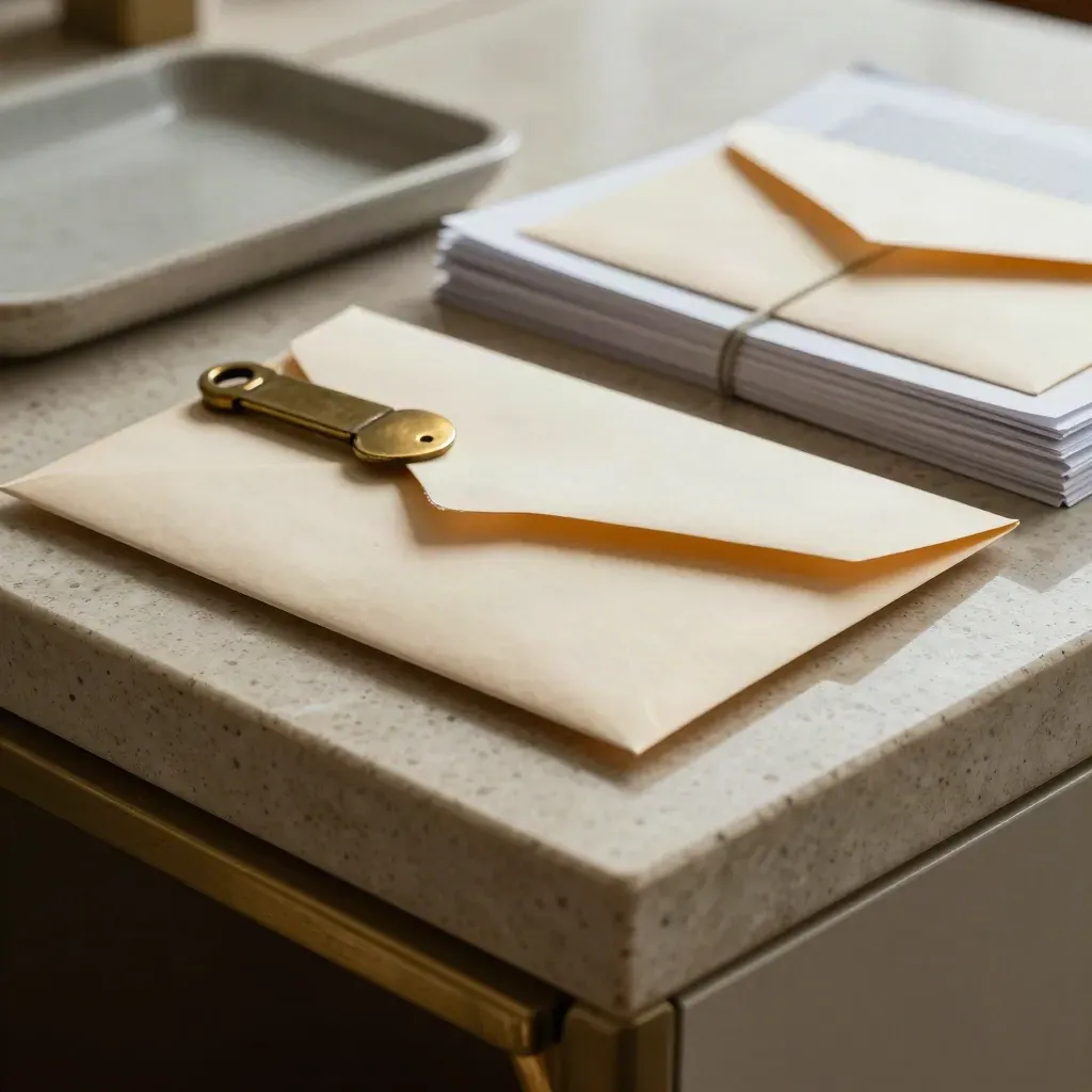 Settlement packet with brass letter opener and tray on travertine stone