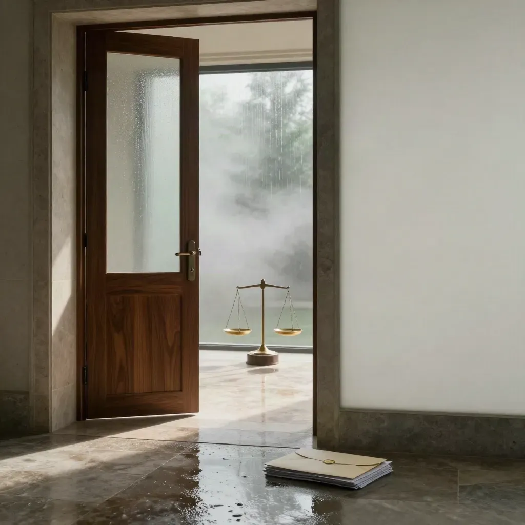 Rain-lit Jade Legal interior with brass scales, files and a frosted glass room.