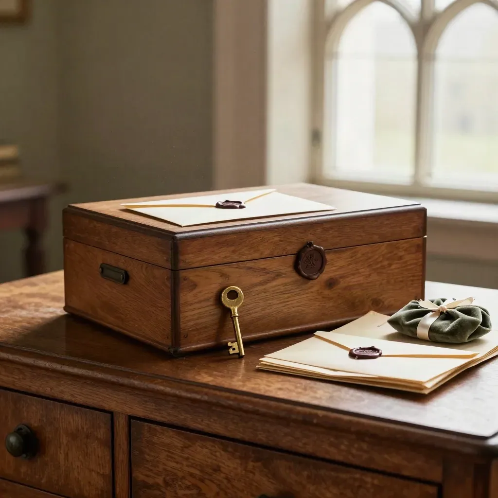 Oak archive box with wax seal, brass key, ribbon file and velvet pouch on a heritage sideboard.