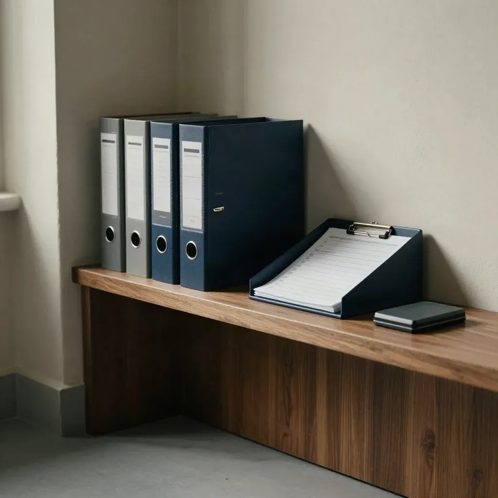 Muted legal compliance binders and tray on a walnut-and-stone office shelf.