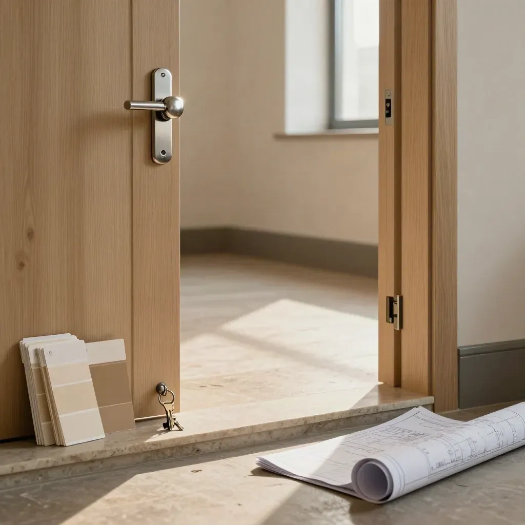 Empty commercial doorway with new lock hardware, keys, paint swatches, and rolled floorplans.