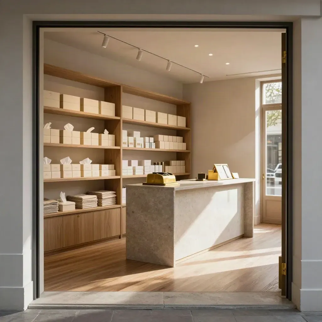 Empty boutique interior ready for opening, with lit shelves, a spotless counter and a turned-off till.