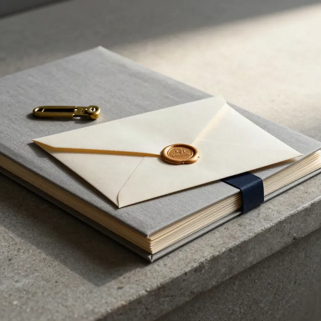 Sealed legal correspondence, brass letter opener and settlement folder on a stone desk
