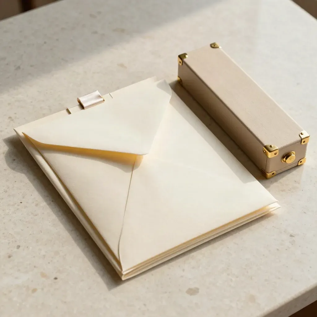 Redundancy pack with sealed envelope, dividers and archive box on pale travertine.