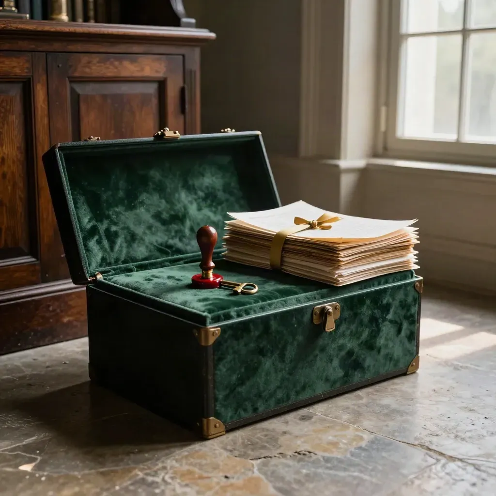Probate box, keys, sealing wax and file stack in a heritage oak room
