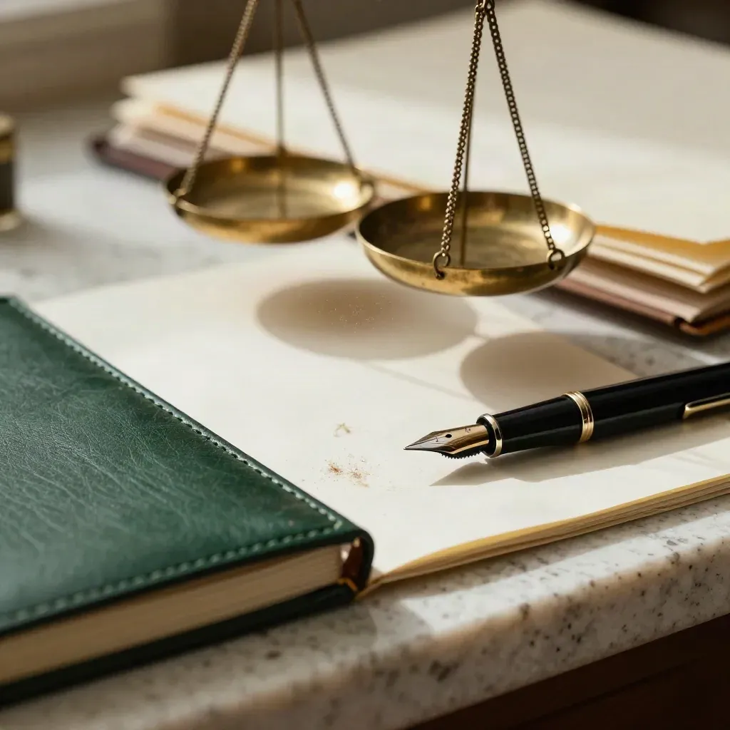 Brass legal scales beside a jade notebook and pen nib on ivory paper