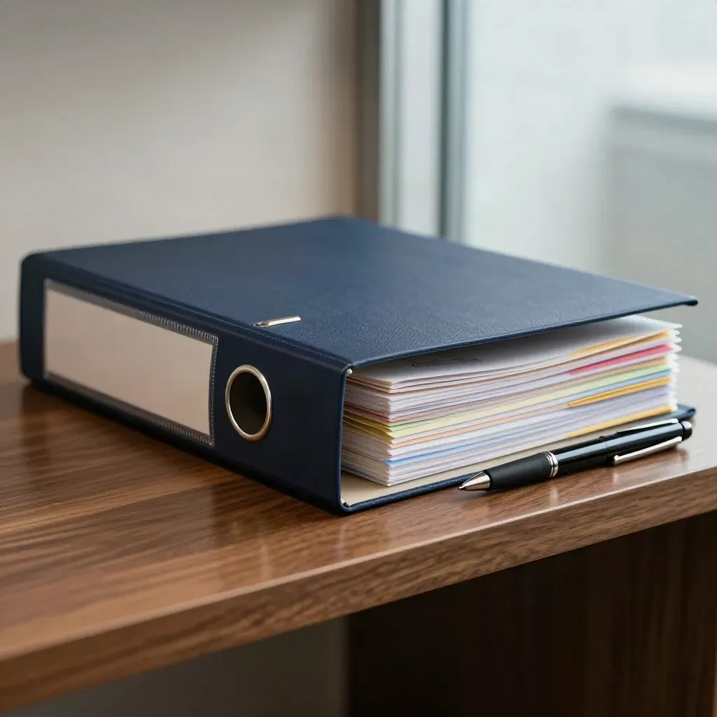 Navy legal binder, steel paperweight and tabs on a walnut shelf in a law office