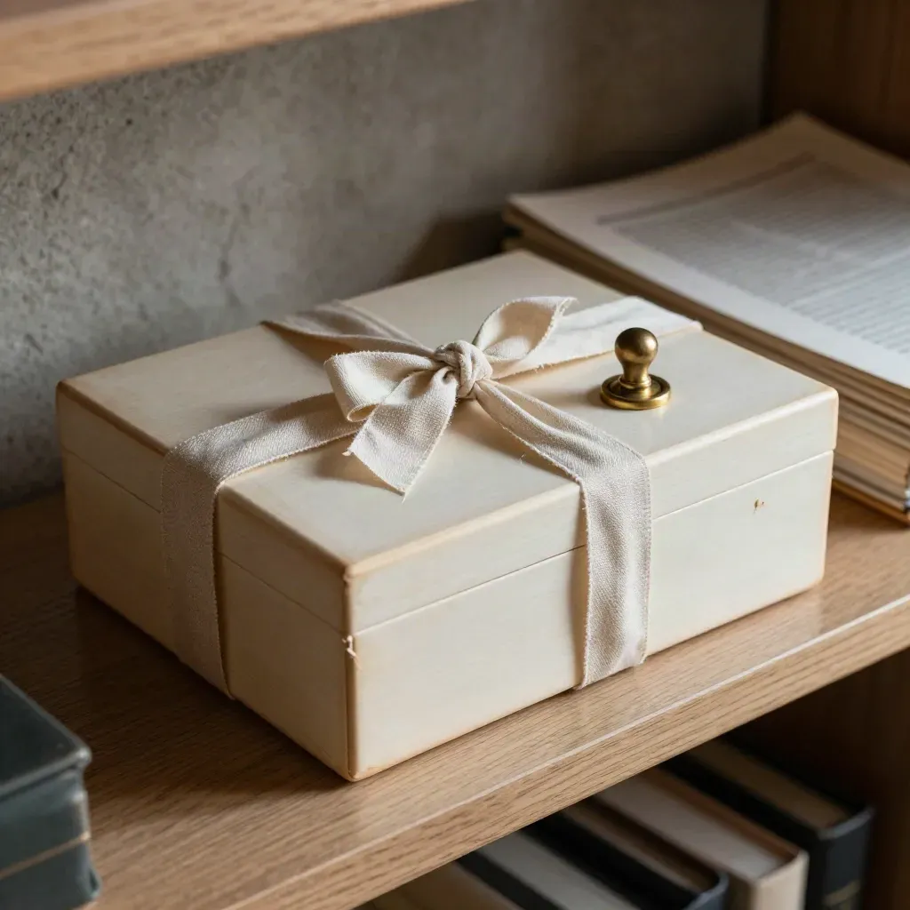 Ivory archival box tied with linen ribbon and brass wax seal stamp on a legal archive shelf.