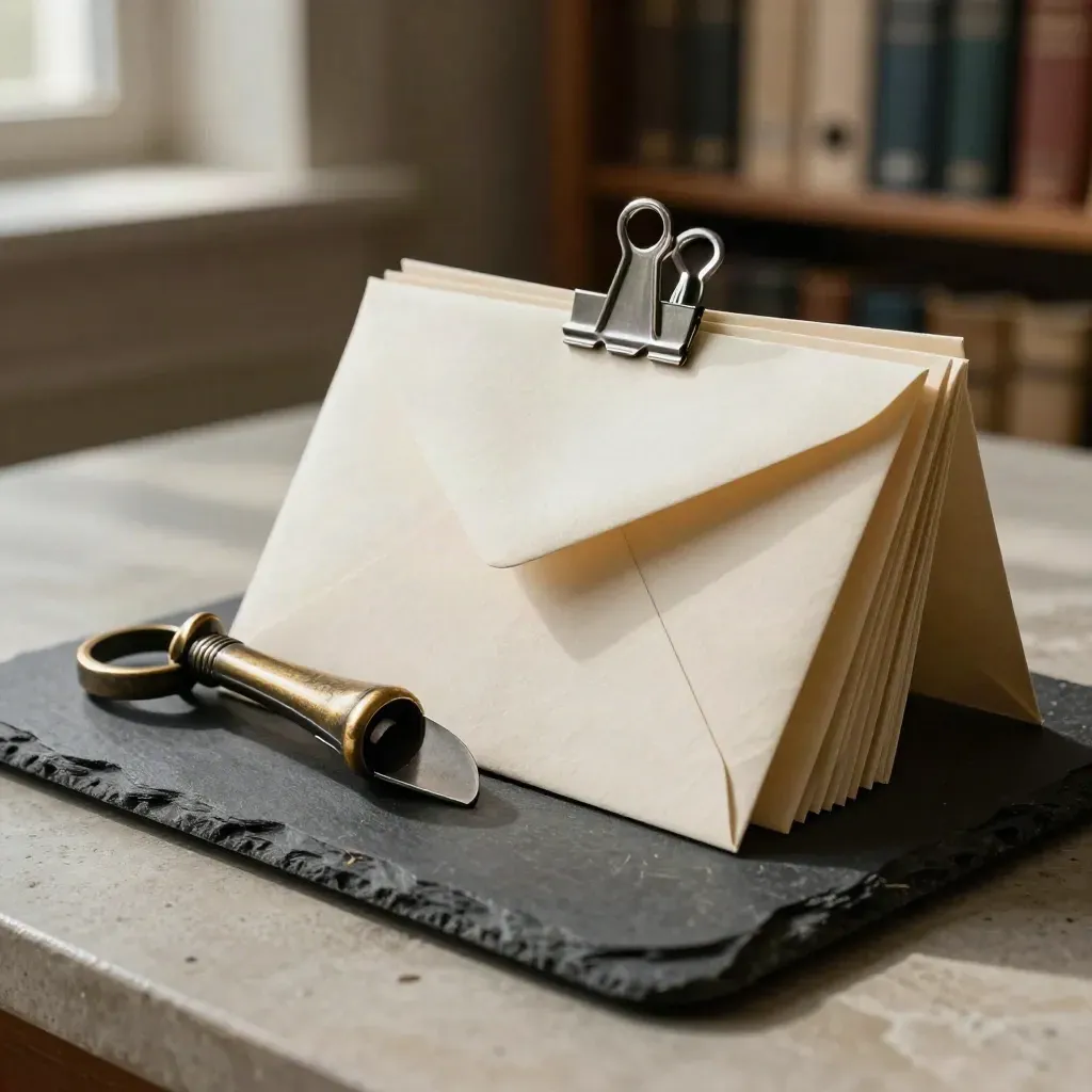 Bronze letter opener, sealed envelope and file cards on a slate tray