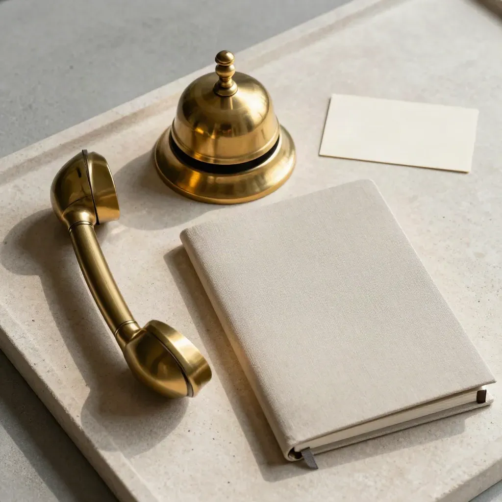 Brass desk bell, handset cradle and appointment notebook on a pale stone tray.