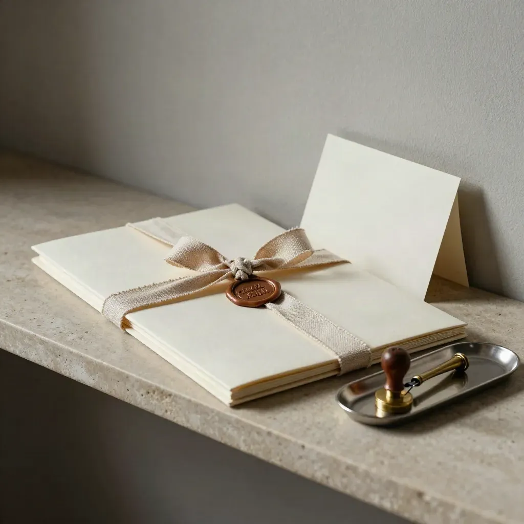 Ribbon-tied plan folder, wax seal and brass paper knife on a pale stone shelf