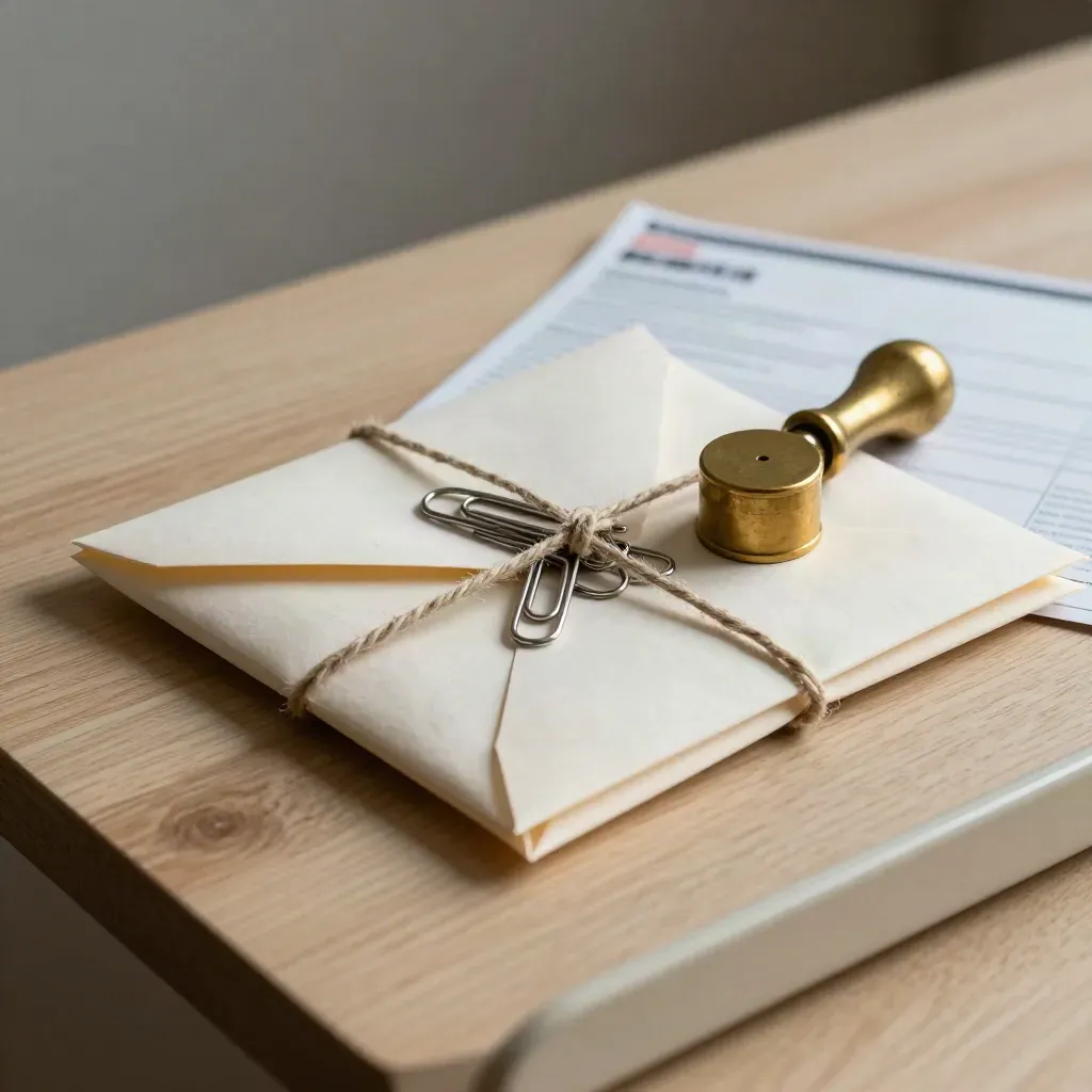 Sealed legal papers tied with twine beside paperclips and a brass weight on pale oak.