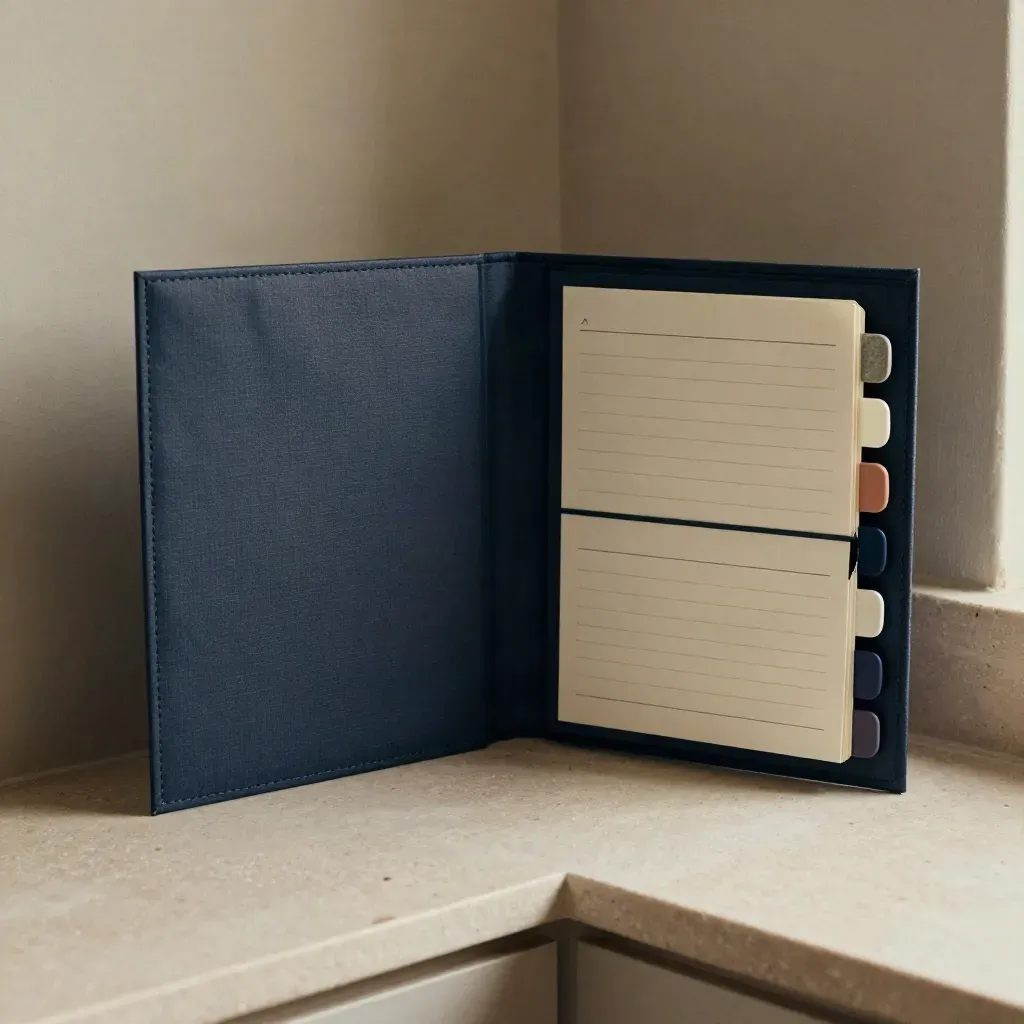Open legal folder with blank cards and colour tabs on a shelf