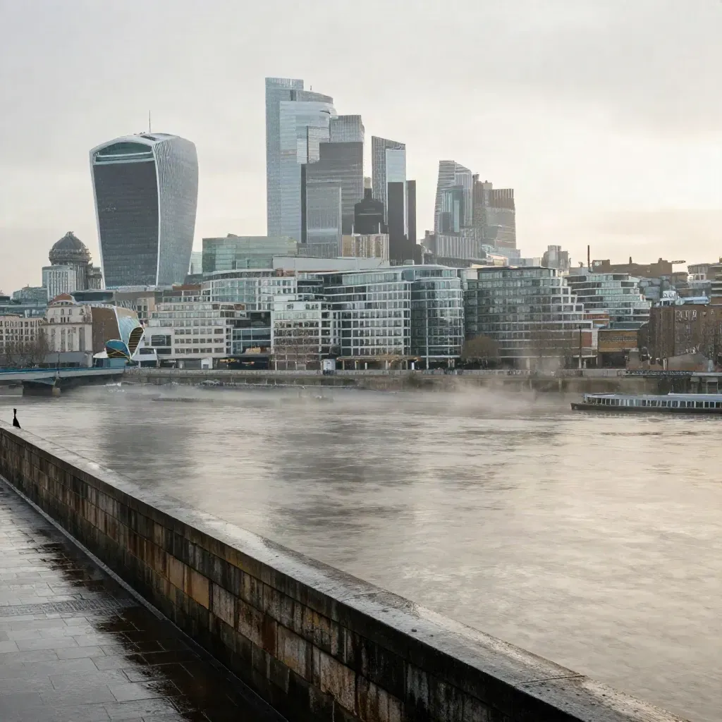 London skyline over the Thames at sunrise, with bridge parapet and misty calm water below