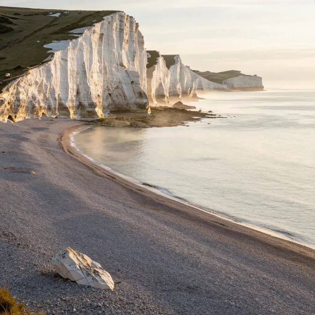 Golden-hour chalk cliffs above a misty shingle shoreline and calm channel water.