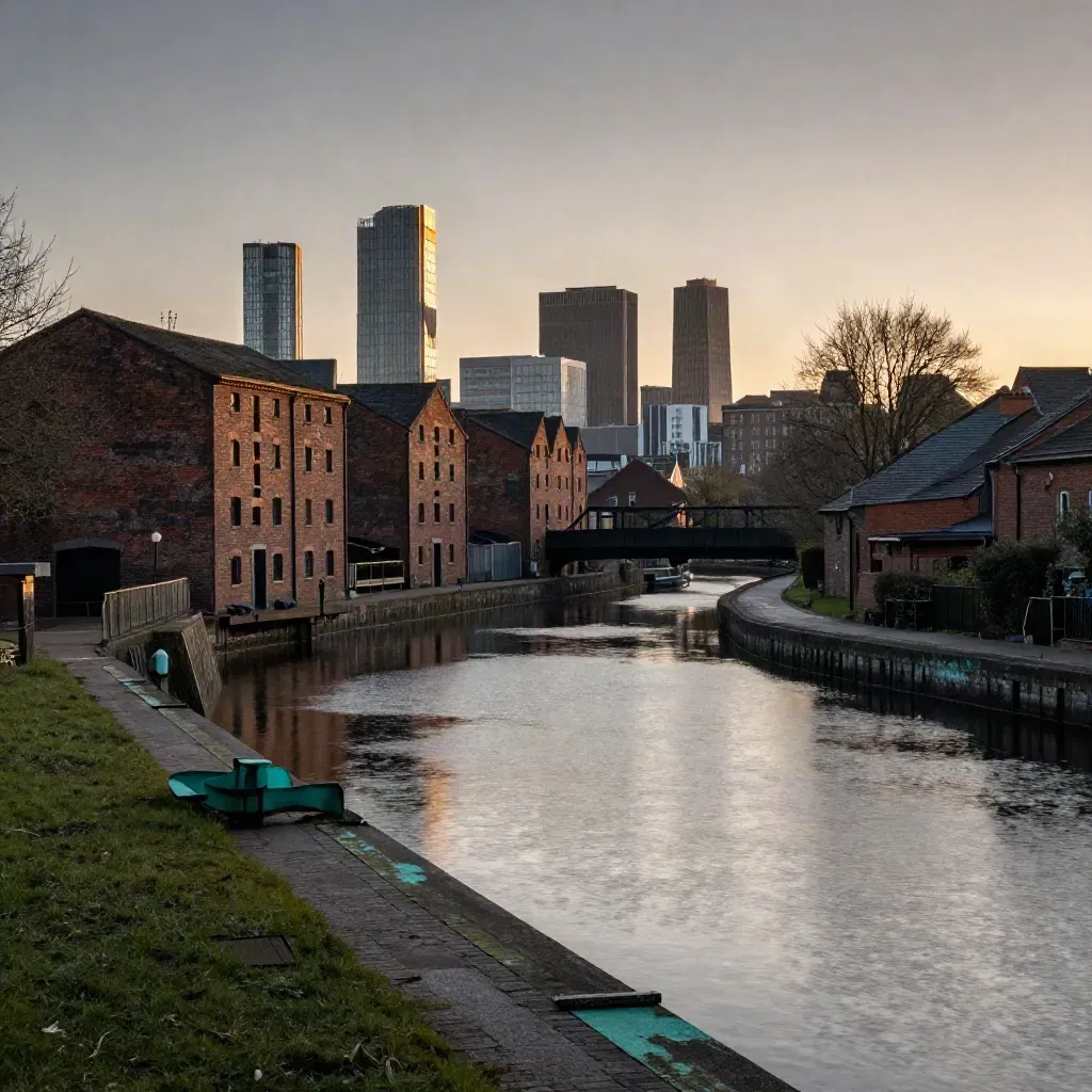 West Midlands canal district at dusk with warehouses, towers and calm water for copy space
