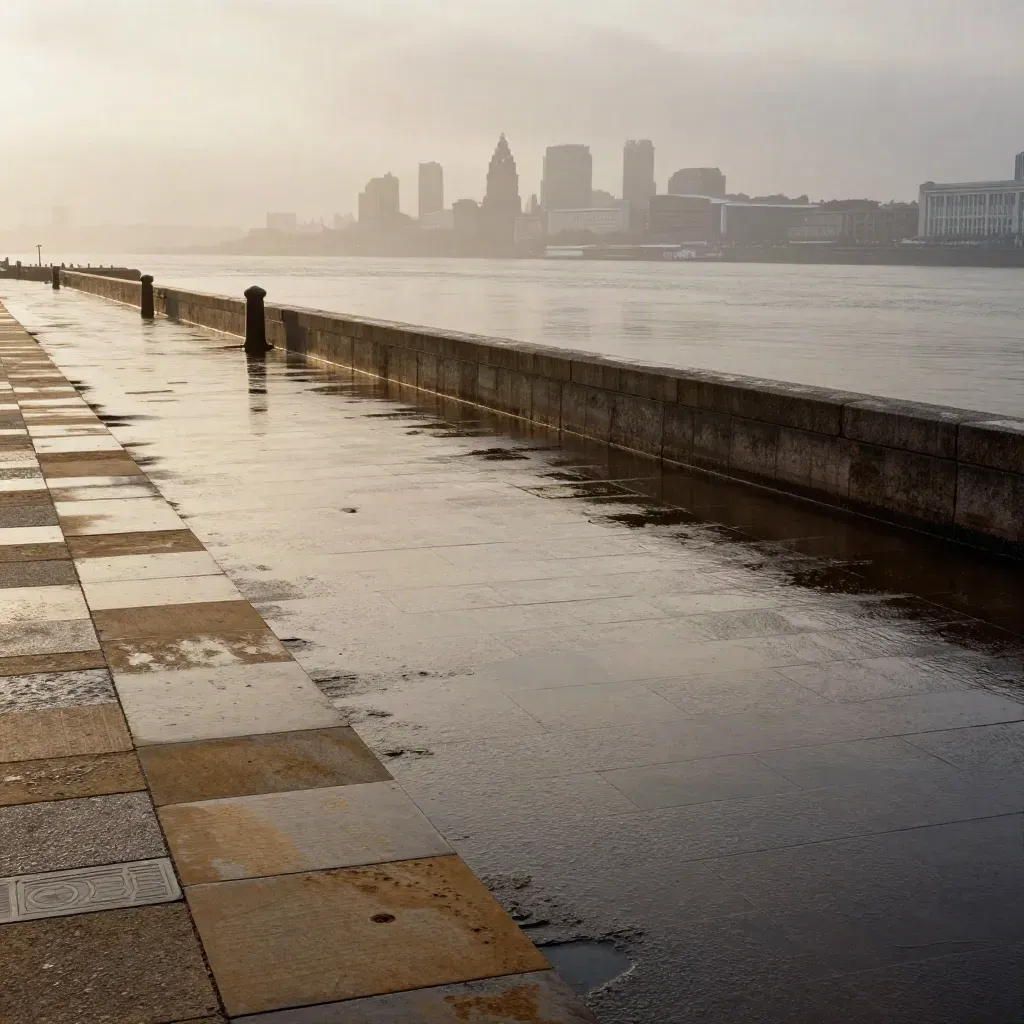 Liverpool waterfront stone, skyline in mist, wet paving and calm reflective water
